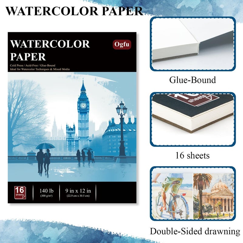 Ogfu Watercolor Paper Pad, Watercolor Pad 9x12”, 300 GSM/ 140 lb Water Color Paper, 16 Sheets Cold Press - Painting, Drawing & Art Supplies for Adults & Kids, Watercolor Sketchbook for Wet & Dry Media. - Image 4